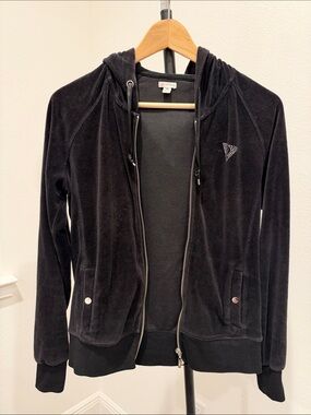 Guess Black Velour Zip Hoodie with Rhinestone Logo